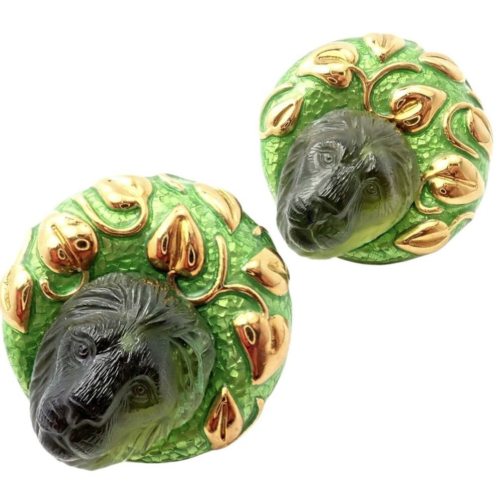 Rare! Elizabeth Gage 18k Yellow Gold Carved Peridot Green Enamel Lion Earrings - Picture 6 of 10